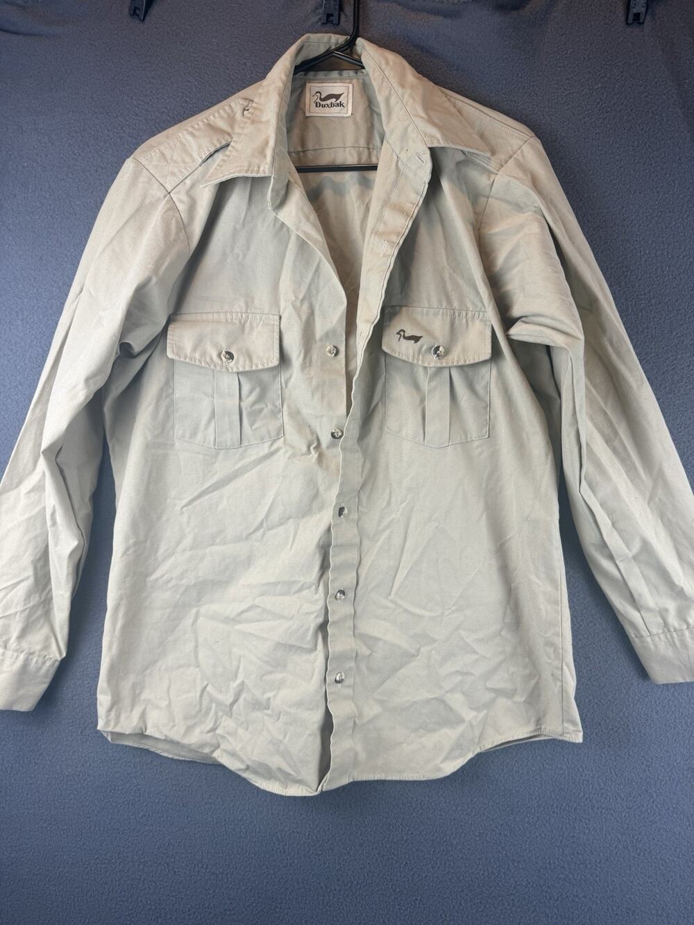 Vtg Duxbak Shirt Long Sleeve Button Front Hunting Fishing Tan Khaki Size M USA